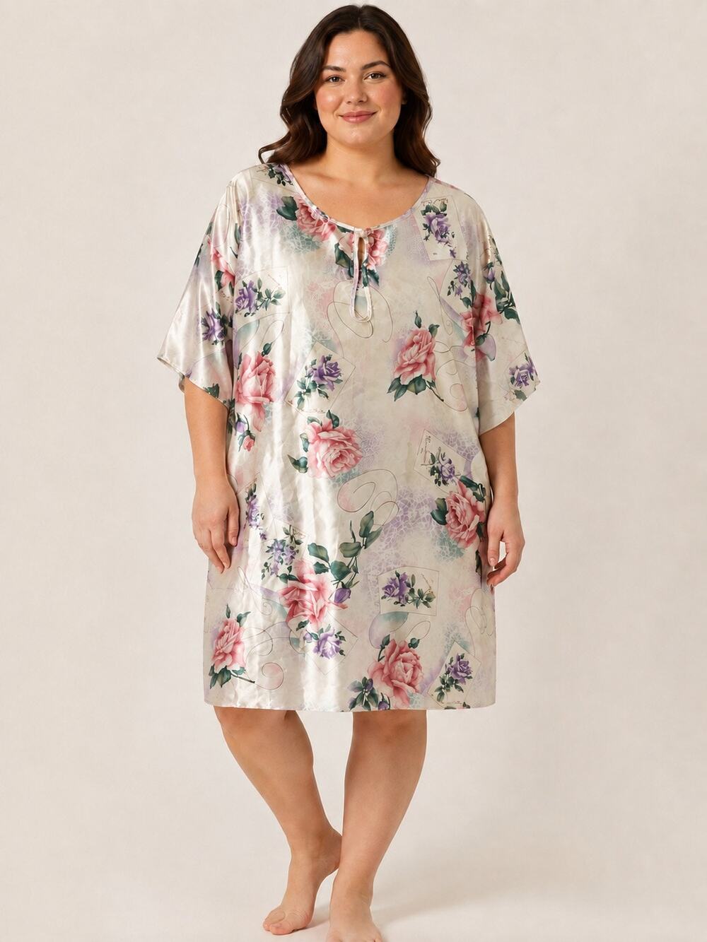 Adonna Floral Satin Caftan Nightgown Rose Print Lounge Dress Large